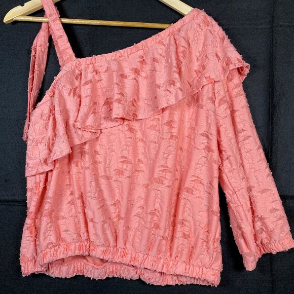 Lauren Conrad Womens Blouse Peach Coral One Shoulder Ruffle Fringe Stretch L - Picture 12 of 15